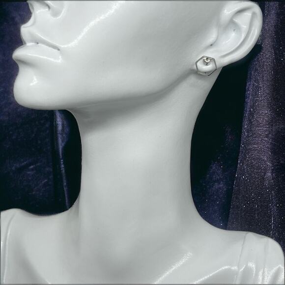 Minimalist Silver Hexagon Stud Earrings Crystal Accent Geometric Post Modern - Picture 5 of 5